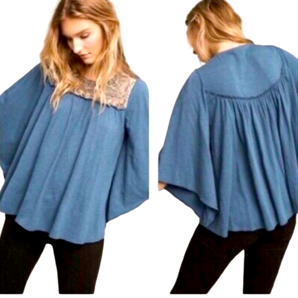 Anthropologie Deletta Josephine Beaded Bell Top Blue Size Small NEW